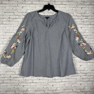 Talbots 1X Womens Plus Navy & White Stripe Floral Embroidered Balloon Sleeves